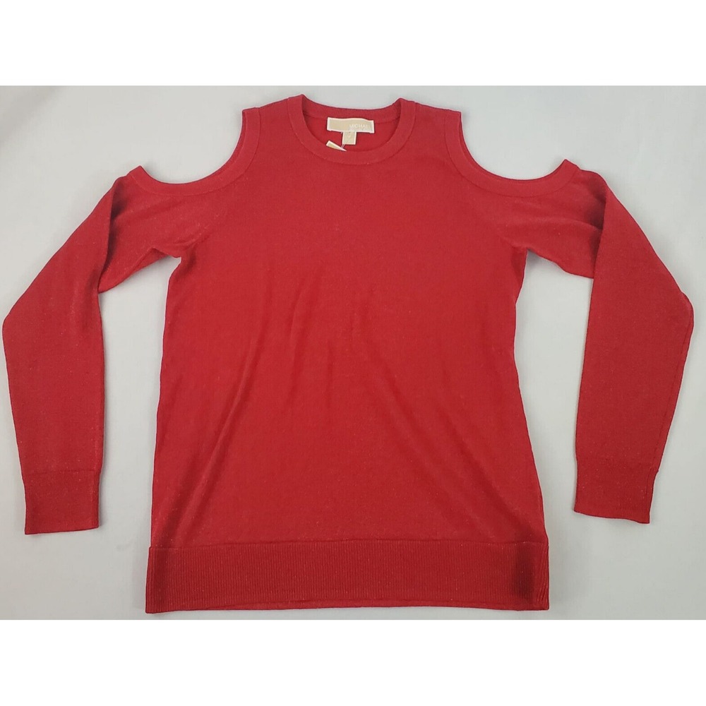 Michael Kors Women Crimson Red Cold Shoulder Metallic Knit Top QH160CJ2A2 M